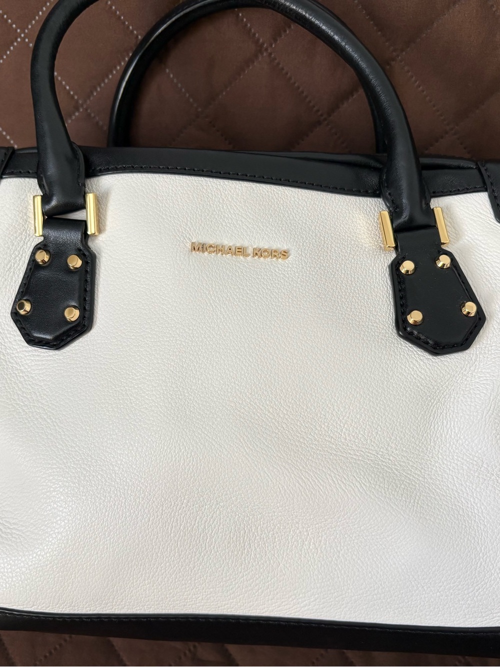 Michael Kors White and Black TARYN Satchel with Gold Hardware